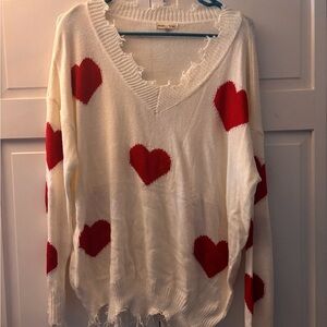Red hearts Cream V-Neck Sweater with Red Hearts